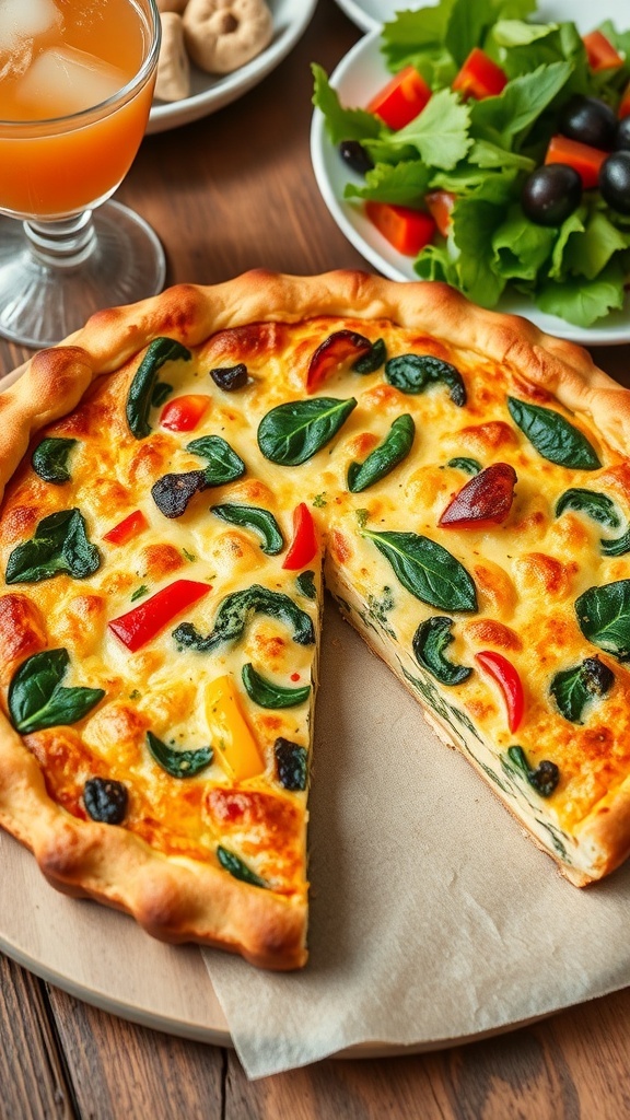 A slice of quiche with vegetables and cheese on a wooden table, served with a salad.